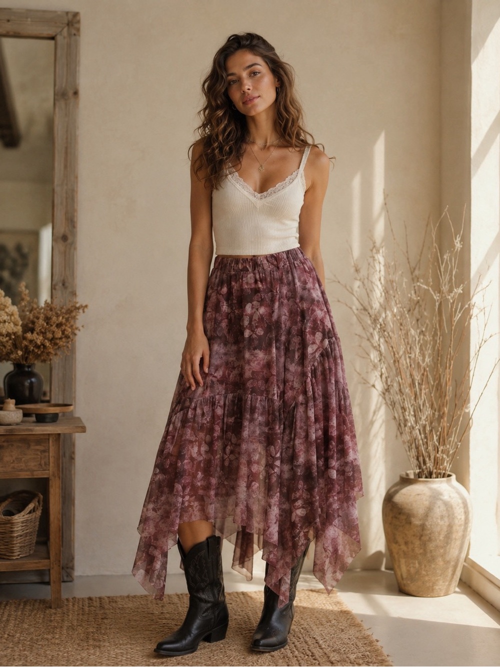 Flowy Brown Redish  Asymmetrical Skirt Medium new